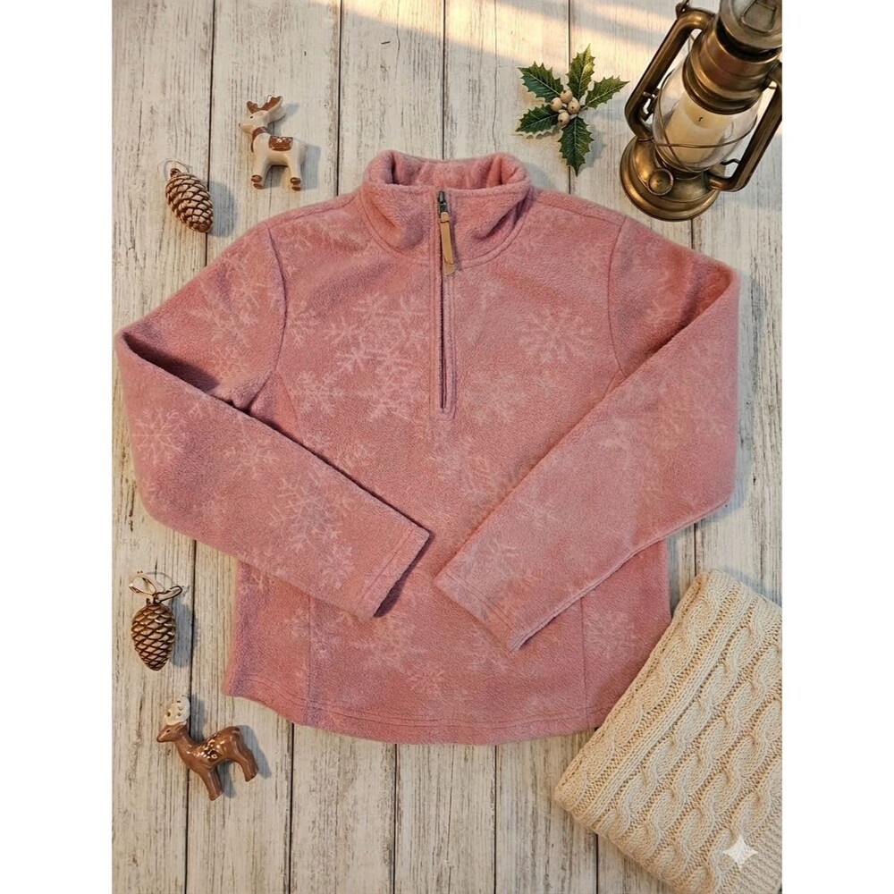 IZOD Women Size Medium Pink Snowflake Soft Fleece Long Sleeve 1/4 Zip Pullover